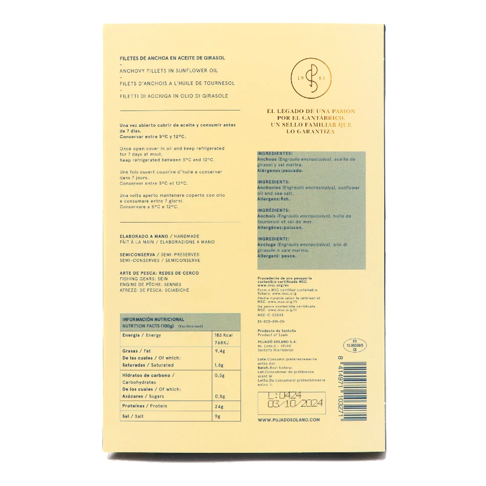 Cantabrian Anchovy in Sunflower Oil - Anchoa Cantabrica. Pujado Solano, 375g