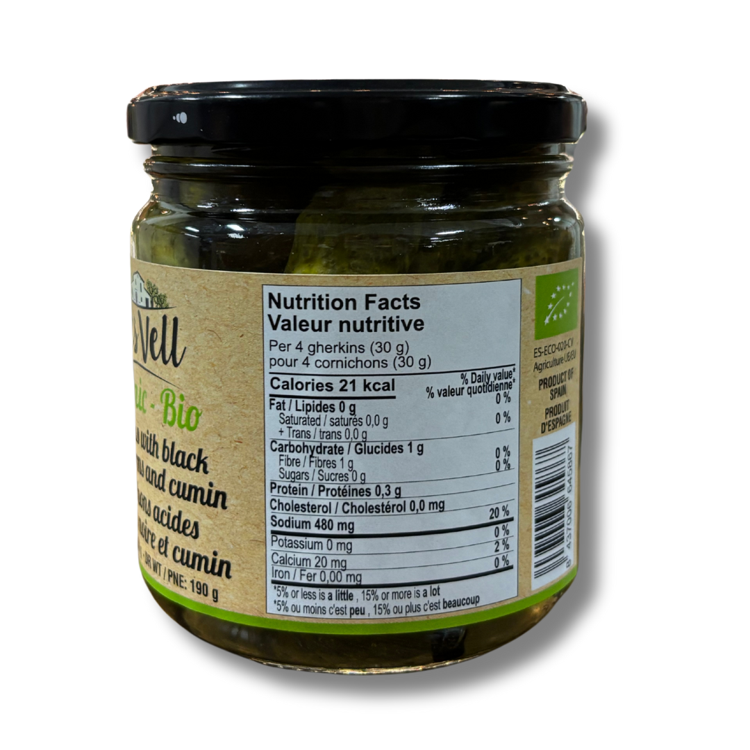 Mas Vell organic gherkins with black peppercorns & cumin, 370 mL - Solfarmers