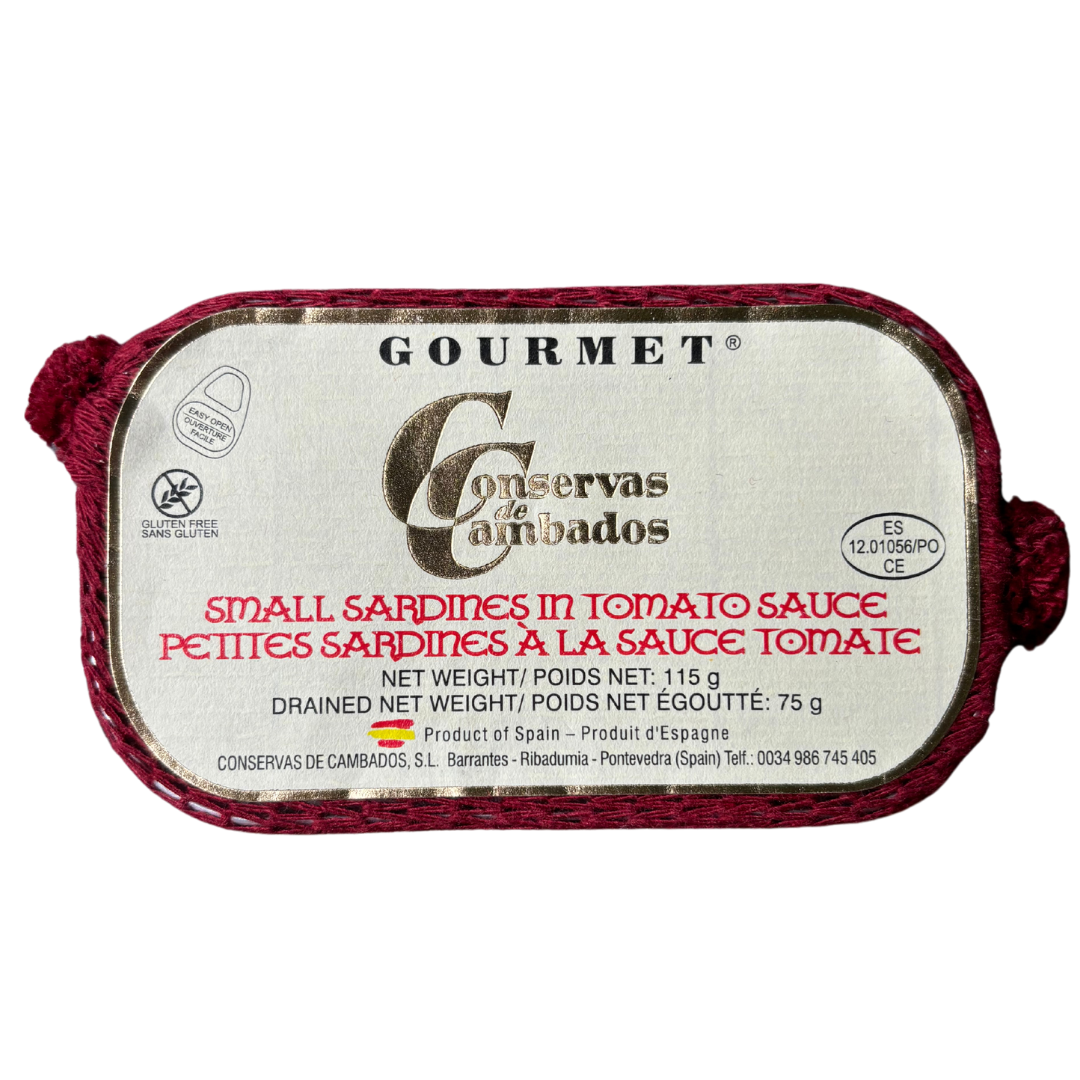 Spanish gourmet small sardines in rich tomato sauce by Conservas de Cambados, ideal for tapas