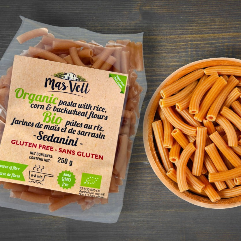 Pasta Sedanini Rice, Corn & Buckwheat - Arroz, Maiz y Trigo. Mas Vell, 250g