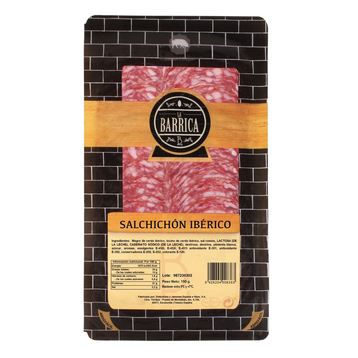 Thin slices of Spanish Iberian salchichón, carefully cut to highlight its unique flavor and texture.