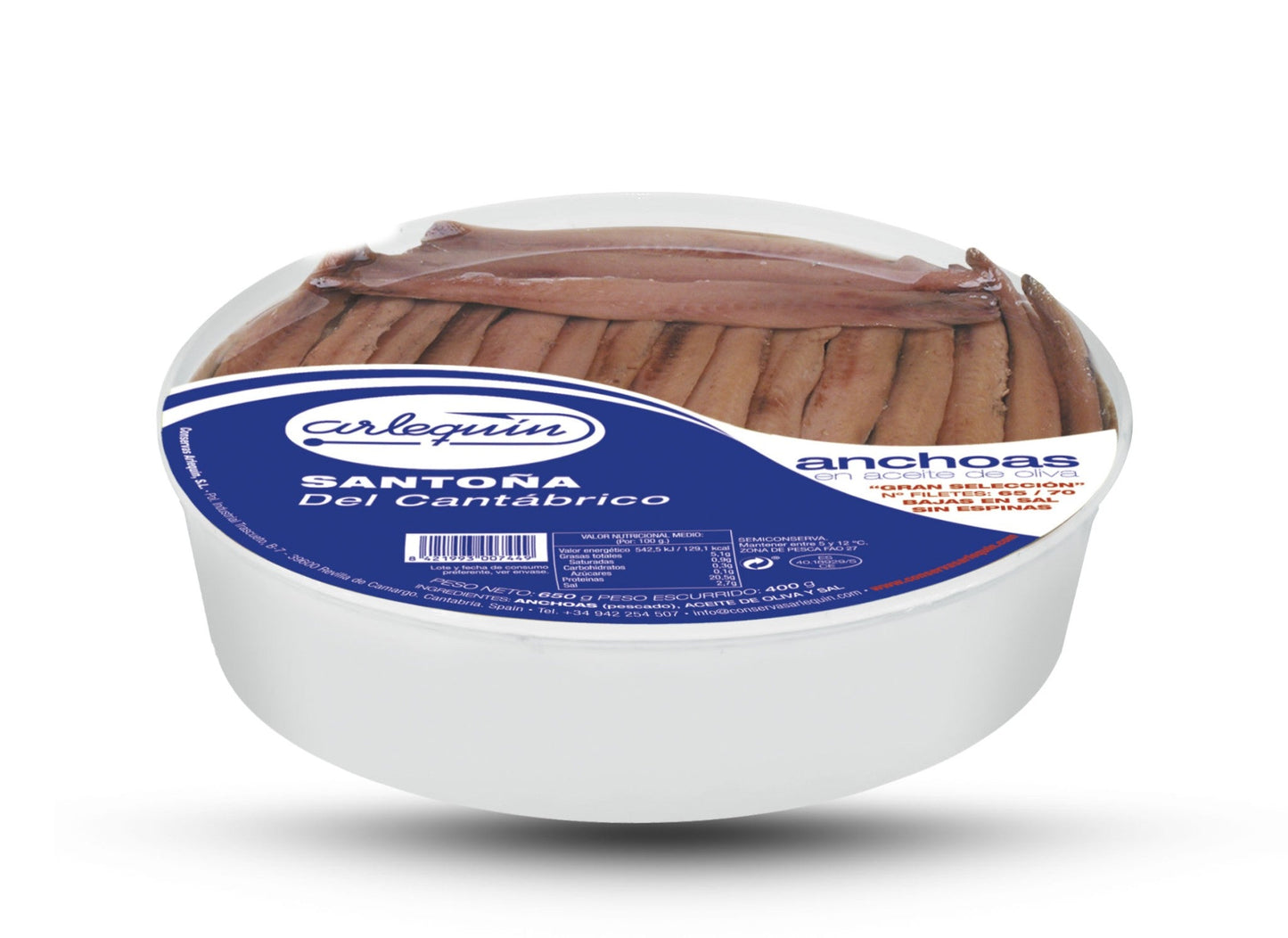 Anchois Cantabrique 65/70 Filets à l'Huile d'Olive Ligne Bleue - Anchoa Cantábrica Arlequín, 400g