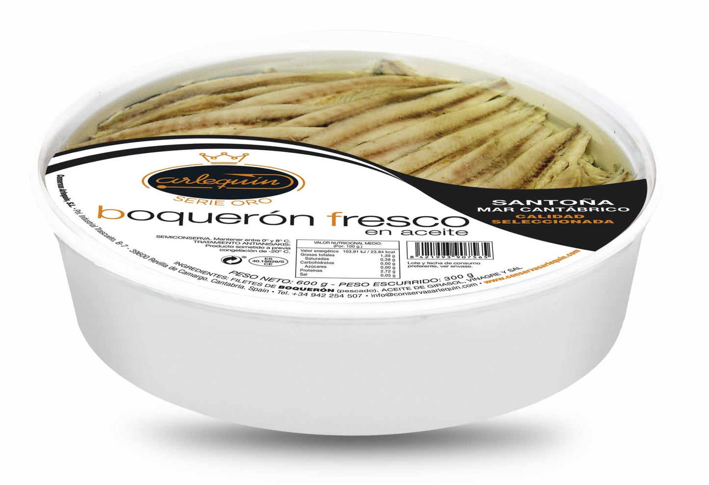 Anchois blancs frais à l'huile de tournesol Boquerones Série Or - Arlequín, 600g