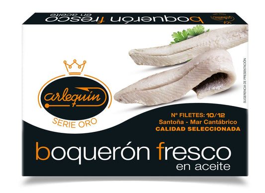 Boquerones Fresh White Anchovies 10/12 Fillets in Sunflower Oil Gold Series - Arlequín, 120g