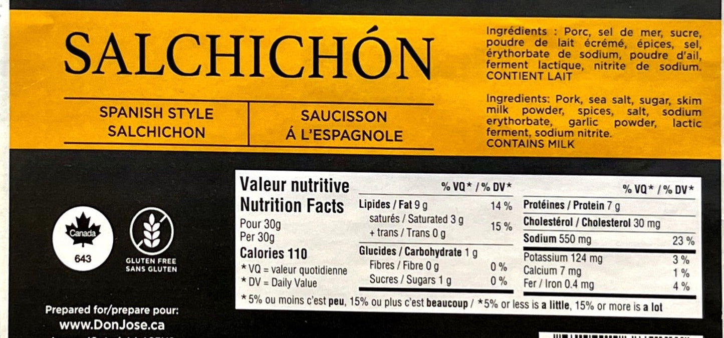 DON JOSÉ. Salchichón espagnol "Salchichón Español". (Bâton 225gr)