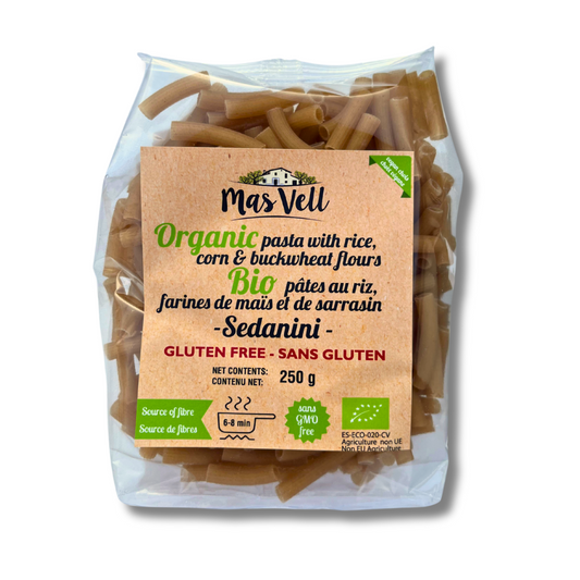 Pasta Sedanini Rice, Corn & Buckwheat - Arroz, Maiz y Trigo. Mas Vell, 250g