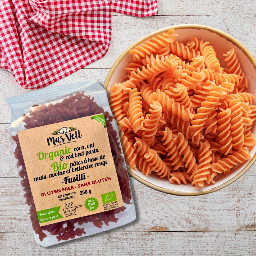 Pasta Fusilli Corn, Oat & Beet - Pasta Fusili Maiz, Avena y Remolacha. Mas Vell, 250g