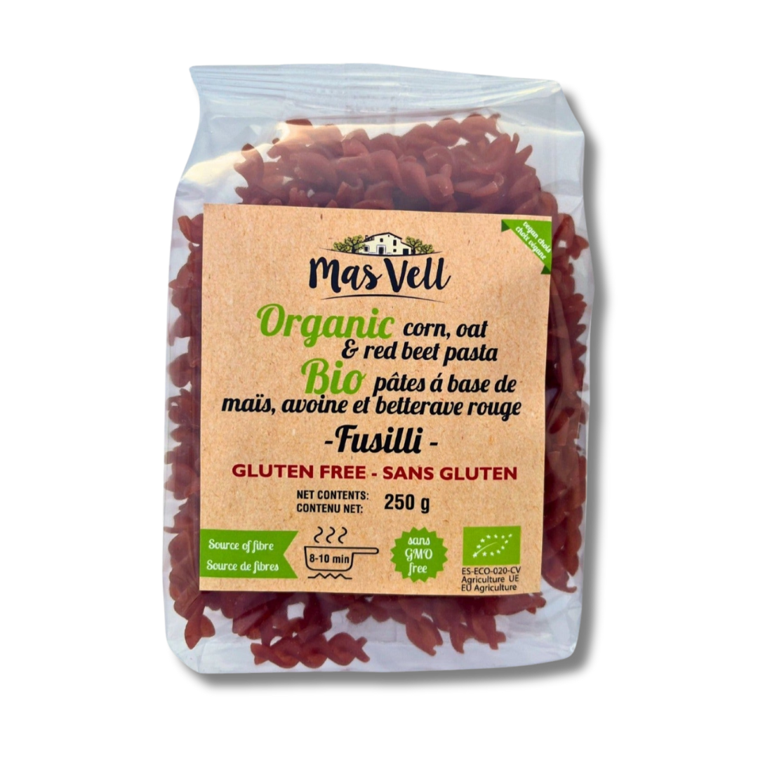 Pasta Fusilli Corn, Oat & Beet - Pasta Fusili Maiz, Avena y Remolacha. Mas Vell, 250g