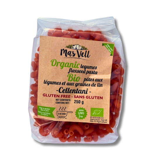 Pasta Cellentani Red Lentil & Chickpea -  Pasta de lentejas rojas y garbanzos. Mas Vell, 250g