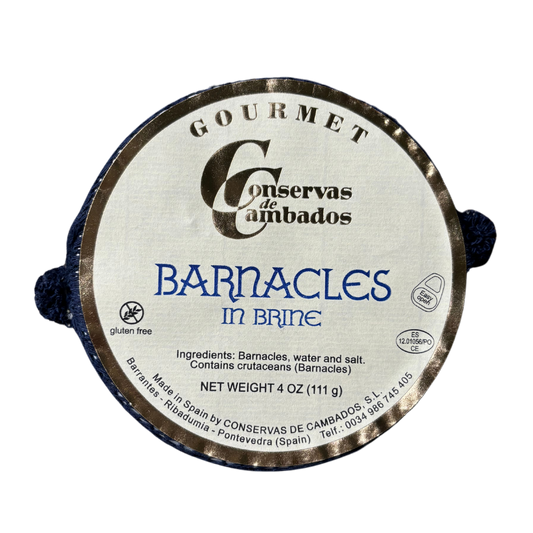 Authentic Galician barnacles preserved in brine, offering a unique and exquisite taste of the Spanish coast by Conservas de Cambados.

