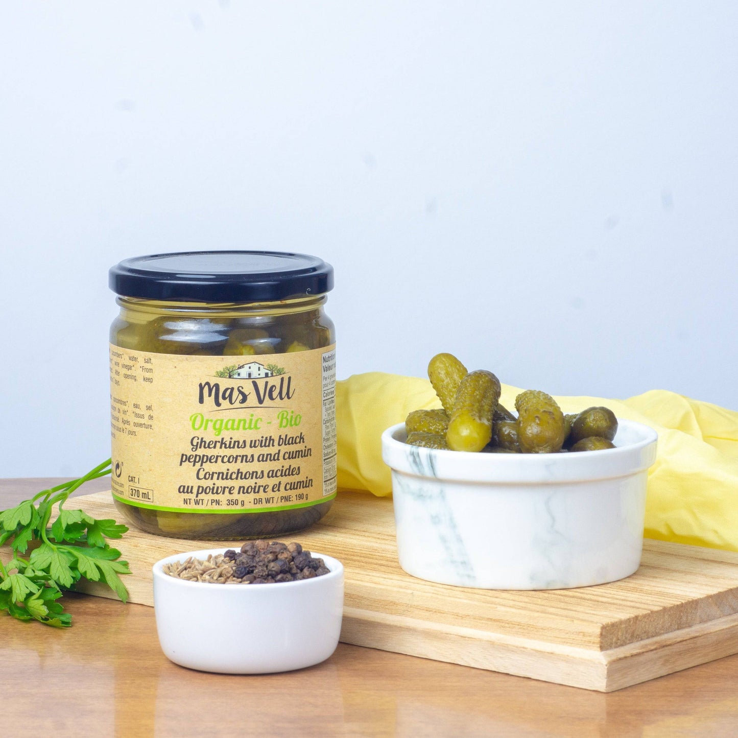 Mas Vell organic gherkins with black peppercorns & cumin, 370 mL - Solfarmers