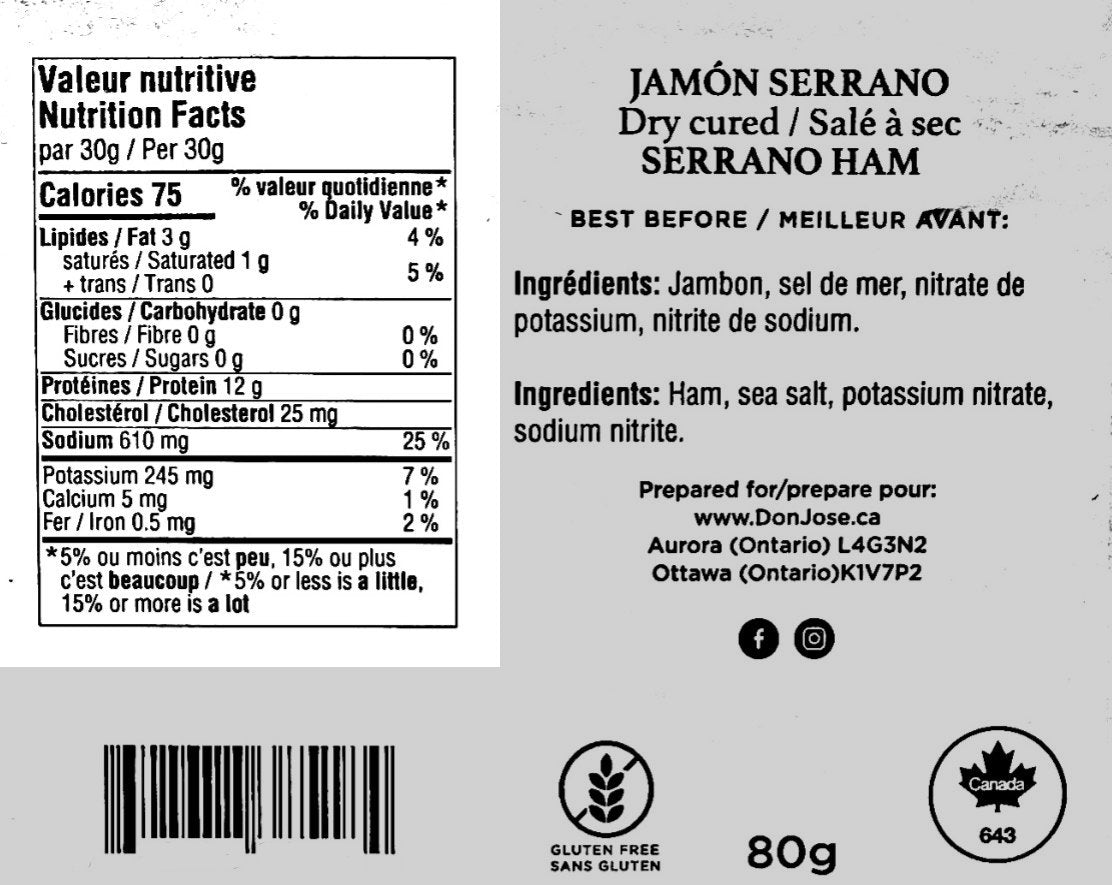 DON JOSÉ. Serrano Ham "Jamón Serrano" (Sliced 80gr)